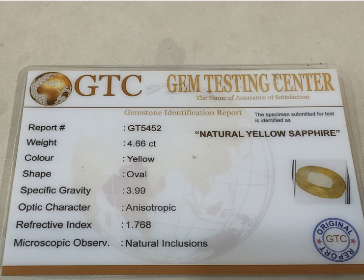 4.66 ct/5.25 ratti Natural Certified Ceylon Pukhraj/Yellow Sapphire